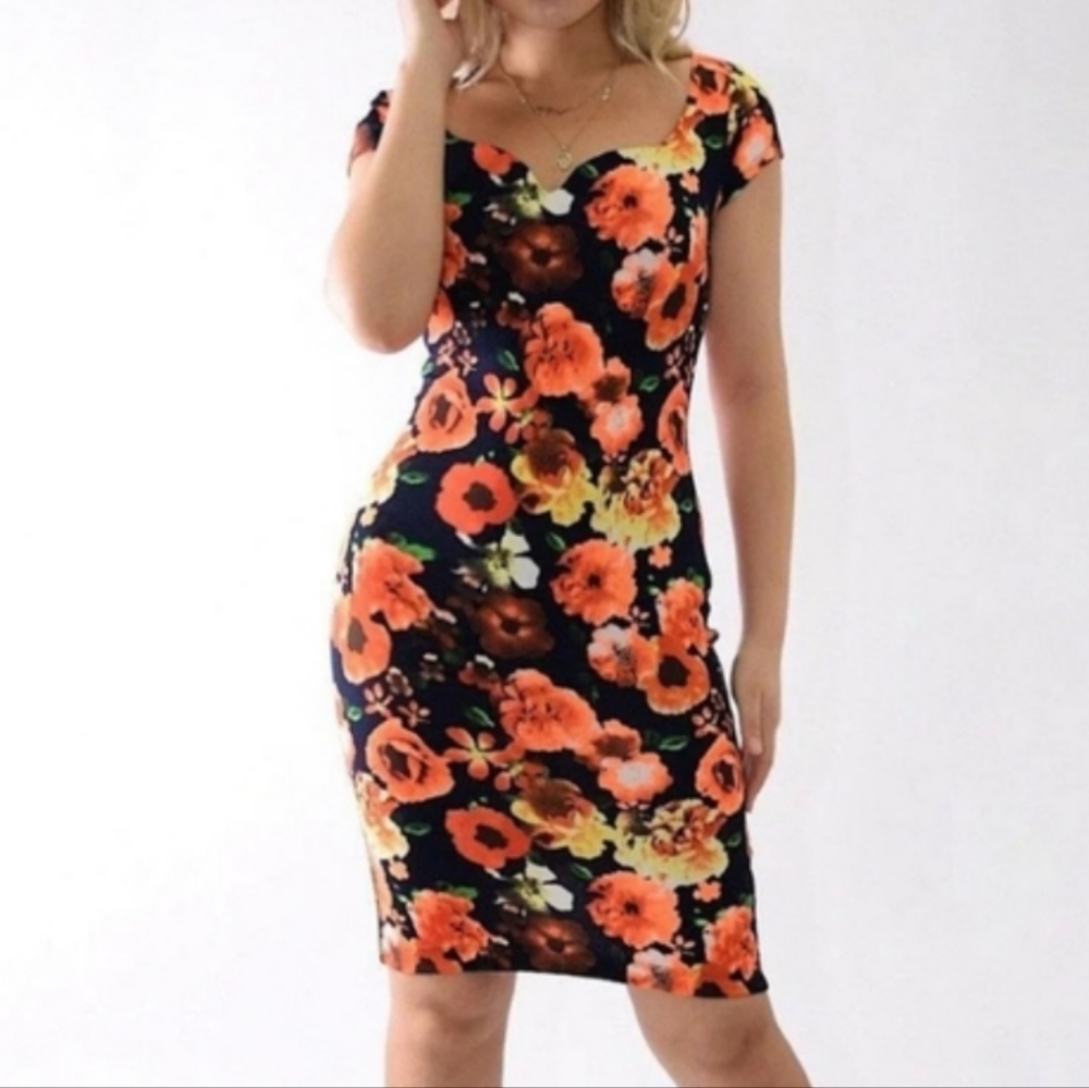 🆕️ ViJo Couture Black & Orange Floral Bodycon Dress SIZE: S - Picture 2 of 13